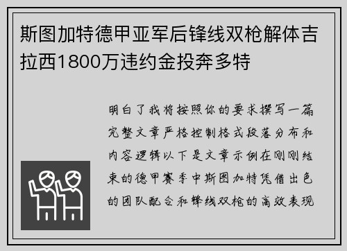 斯图加特德甲亚军后锋线双枪解体吉拉西1800万违约金投奔多特